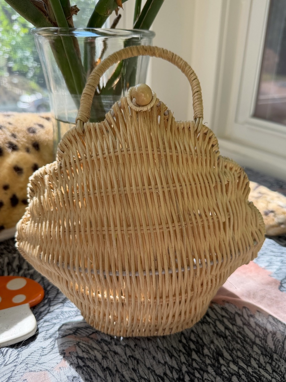 Seashell Wicker Handbag Scallop Rattan Top Handle Purse Natural